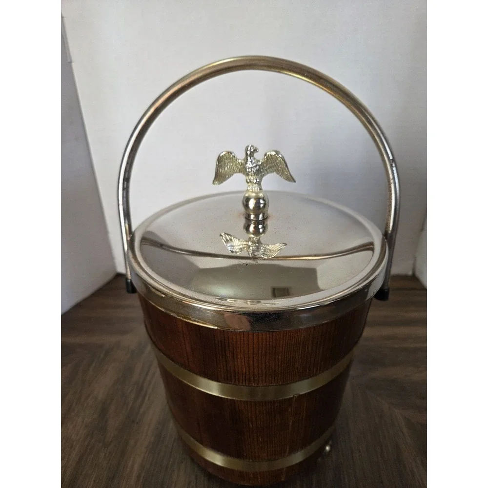 vintage Jerywil wood and brass-accented footed ice bucket from the 1970s